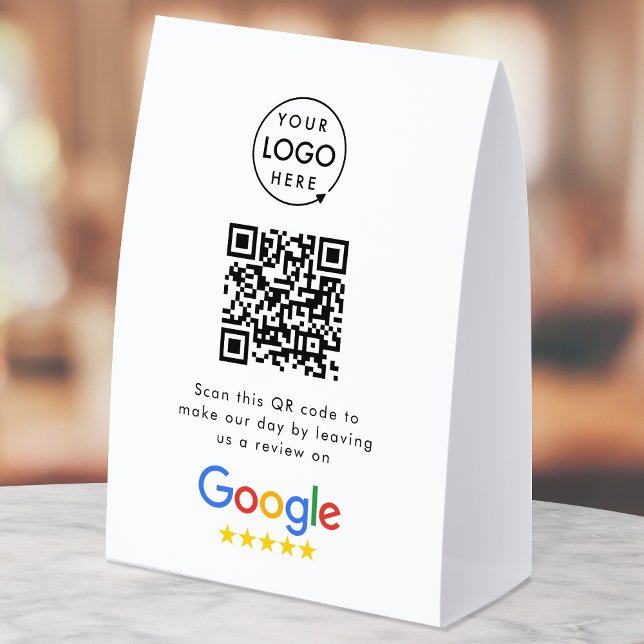 Google Reviews Tabletop Sign | QR Code Table Tent (Google Review interactive QR code paper table tent signs branded with your company logo.)