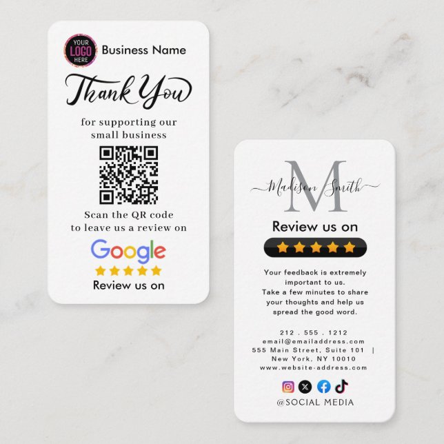 Google Reviews With Thank You And QR Code Business Card (Front/Back)