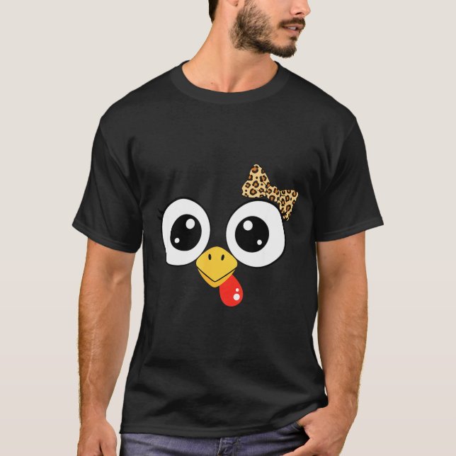 Googly-eyed Turkey With Leopard Bow, Funny Cartoon T-Shirt (Front)