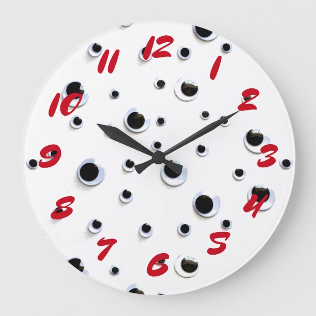 Googly Eyes Black and White Red Trendy Fun Large Clock (Front)