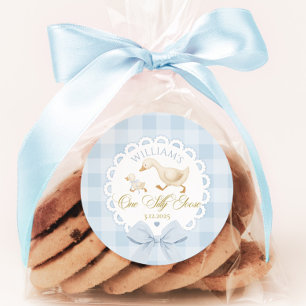 Goose 1st Birthday Blue gingham One Silly Goose Classic Round Sticker