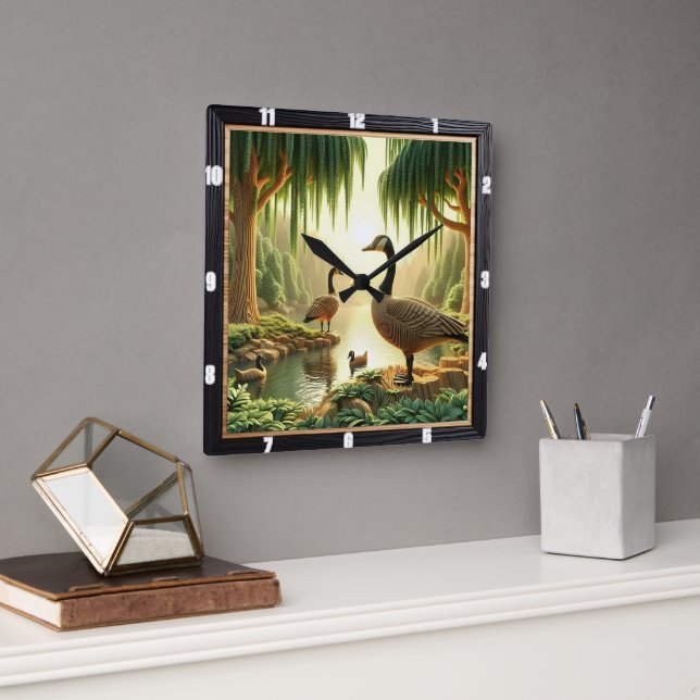 Goose and Ducks Rustic Square Wall Clock (Office)