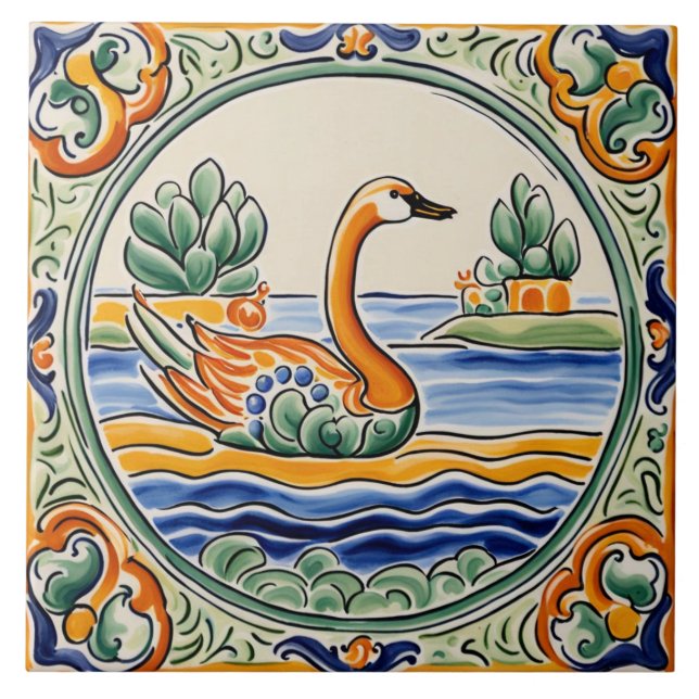 Goose Bird Mediterranean Yellow & Blue Folk Nature Ceramic Tile (Front)