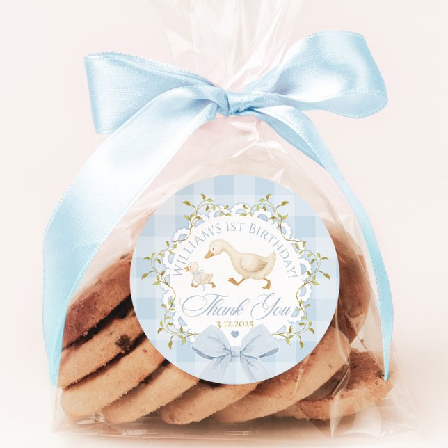 Goose Birthday Blue Gingham Thank you Classic Round Sticker (Creator Uploaded)