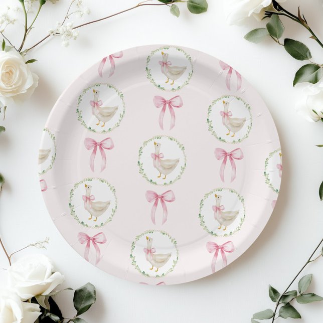 Goose Blush pink Bow Pastel Girl Birthday  Paper Plate (Creator Uploaded)