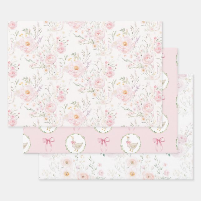 Goose Blush pink Elegant Pastel Bow Birthday  Wrapping Paper Sheet (Set)