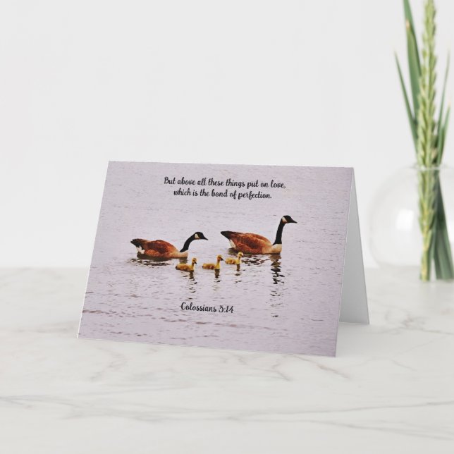 Goose Couple and Baby Goslings Love Bible Verse Card (Front)
