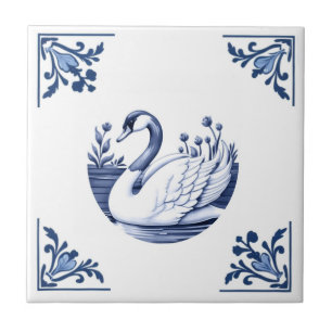 Goose Delft Blue and White Floral Corners Bird Ceramic Tile