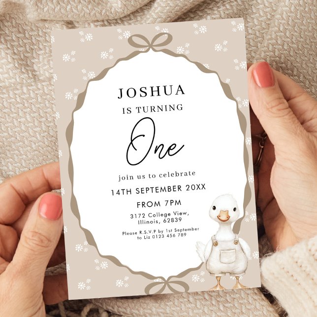 Goose First Birthday Invitation in Neutral Beige (Creator Uploaded)