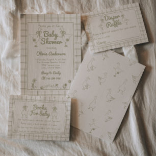 Goose Hand Drawn Green Neutral Classic Baby Shower Invitation
