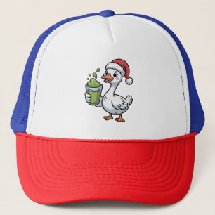 Goose Holding Matcha Drink Wearing Santa Hat