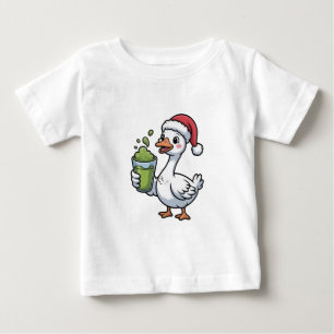 Goose Holding Matcha Drink Wearing Santa Hat Baby T-Shirt