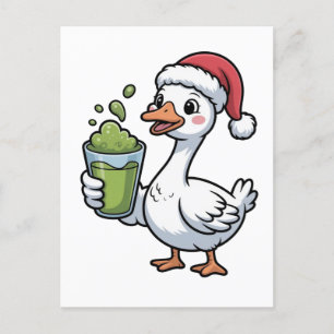 Goose Holding Matcha Drink Wearing Santa Hat Invitation Postcard
