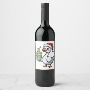 Goose Holding Matcha Drink Wearing Santa Hat Wine Label