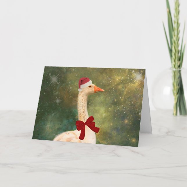 Goose In A Red Bow At Christmas Holiday Card (Front)