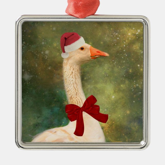 Goose In A Red Bow Christmas Metal Ornament (Front)