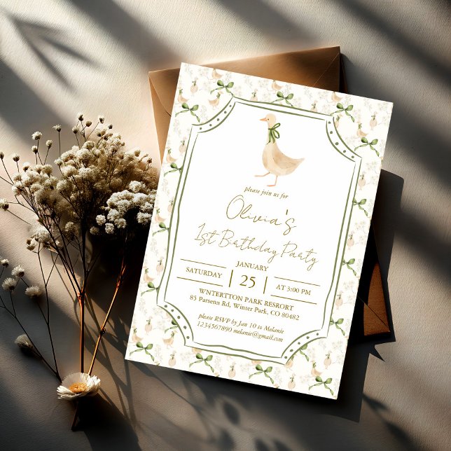 Goose nursery rhymes birthday party invitation (Goose nursery rhymes birthday party invitation template silly goose party invite sage green ribbon)