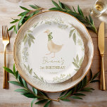 Goose nursery rhymes birthday party monogrammed paper plate<br><div class="desc">Goose nursery rhymes birthday party monogrammed paper plates template ,  pastel boho cute goose with a ribbon birthday party personalised paper plates  boho birthday party printed plates nursery rhymes party printed plates gender neutral birthday party customised paper plates personalised table decorations goose party supplies</div>