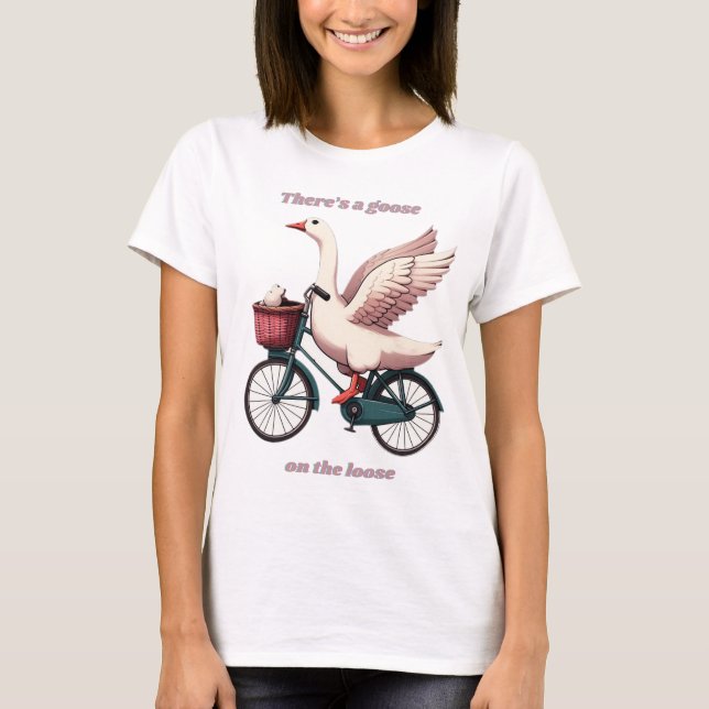 Goose on the Loose riding a bike, ladies T-Shirt (Front)
