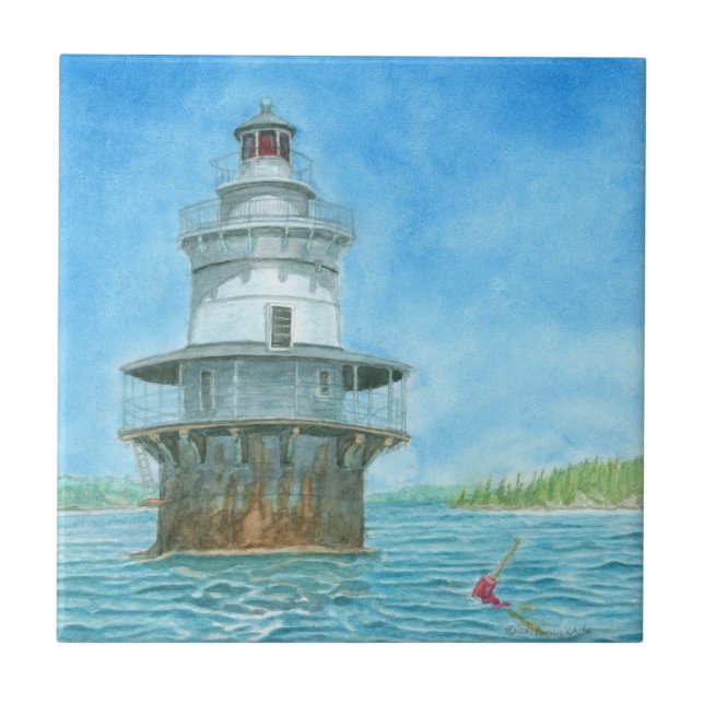 Goose Rocks Lighthosue Watercolor Ceramic Tile (Front)