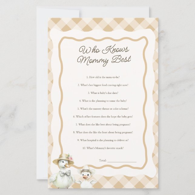 Goose Themed Who Knows Mummy Best Baby Shower Game (Front)