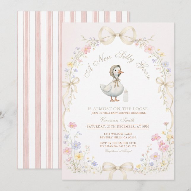 Goose Wildflower Pink Ivory Baby Shower Invitation (Front/Back)