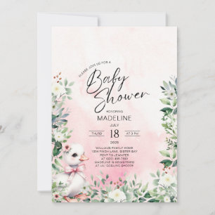 Goose with Bow Pink Girl Baby Shower Invitation