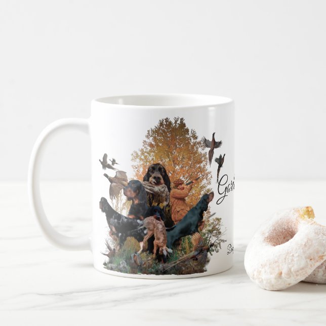 Gordon Setter, hunting season Wood Wall Art Coffee Mug (With Donut)