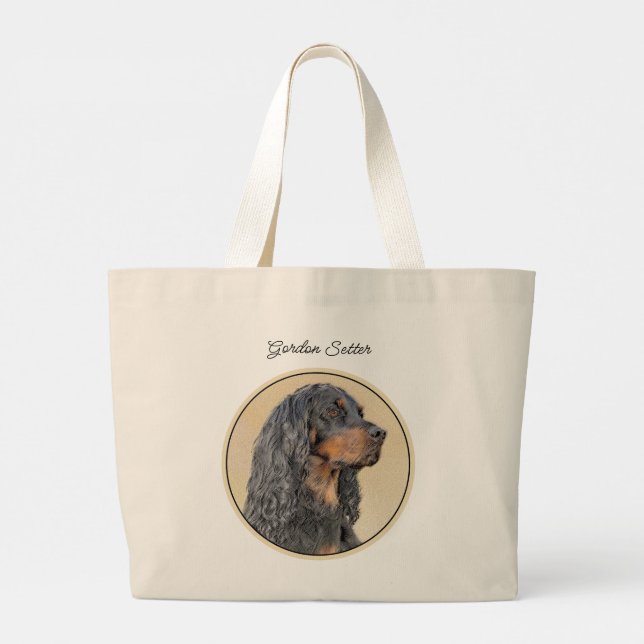 Gordon Setter Painting Black Cute Original Dog Art Large Tote Bag (Back)