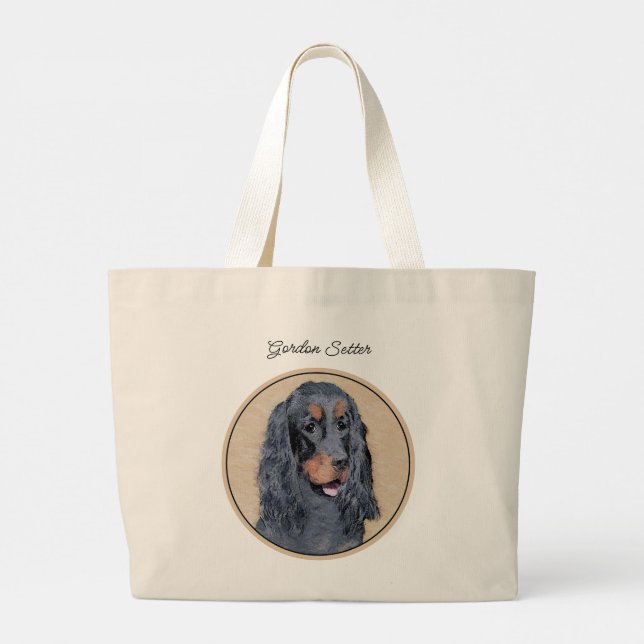 Gordon Setter Painting Black Cute Original Dog Art Large Tote Bag (Back)