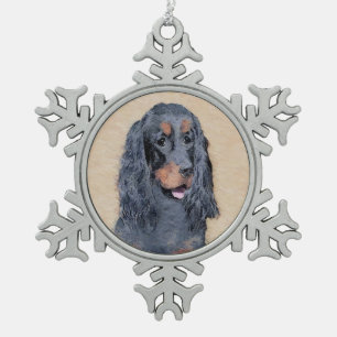 Gordon Setter Painting - Cute Original Dog Art Snowflake Pewter Christmas Ornament