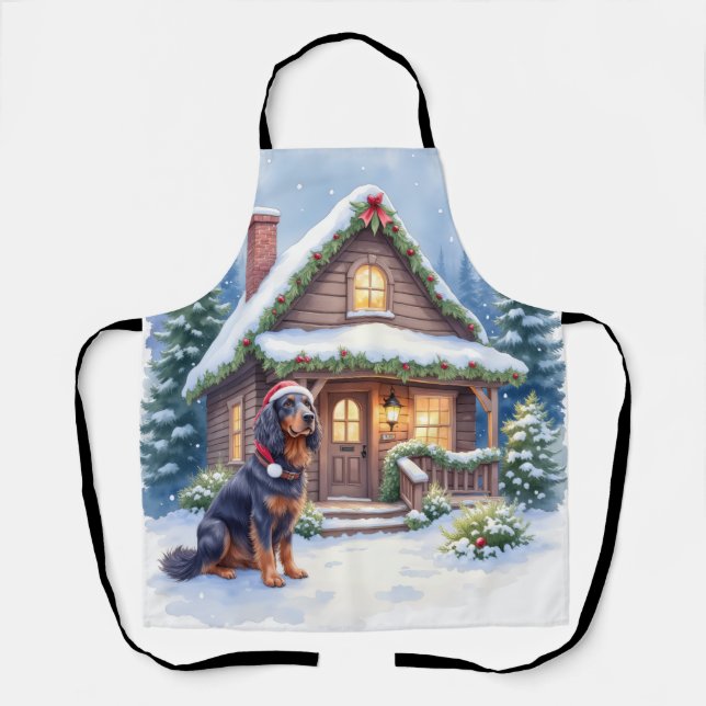 Gordon Setter Snowy Lodge Santa Hat Christmas Art Apron (Front)