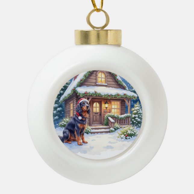 Gordon Setter Snowy Lodge Santa Hat Christmas Art Ceramic Ball Christmas Ornament (Front)