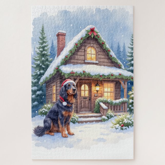 Gordon Setter Snowy Lodge Santa Hat Christmas Art Jigsaw Puzzle (Vertical)