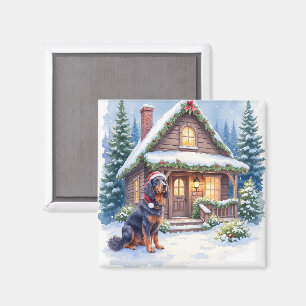 Gordon Setter Snowy Lodge Santa Hat Christmas Art Magnet