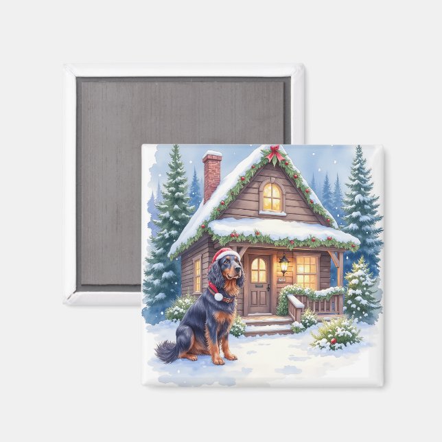Gordon Setter Snowy Lodge Santa Hat Christmas Art Magnet (Front/Back)