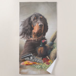 Gordon setter with pheasants, Art Beach Towel