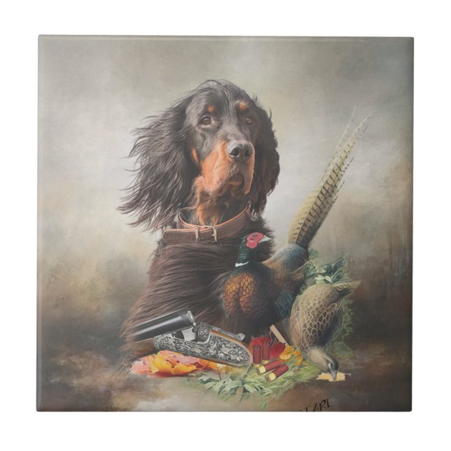 Gordon setter with pheasants, Art       Ceramic Tile (Front)