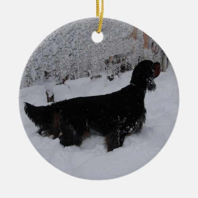 Gordon Setters In a Snowstorm Ornament (Front)