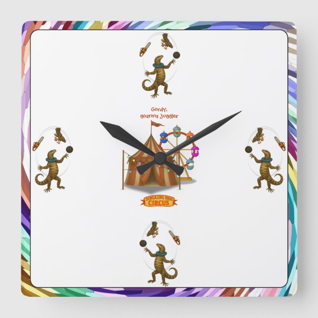 Gordy, goanna juggler square wall clock (Front)