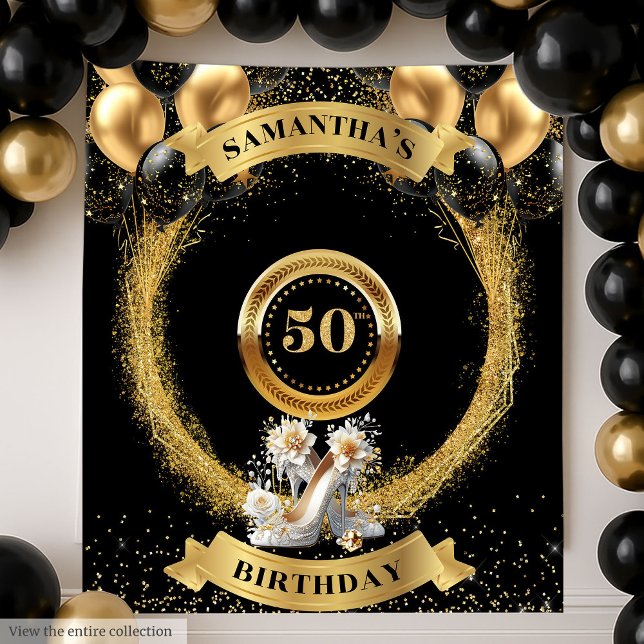 Gorgeous 50th Birthday Backdrop Gold Balloon Heels Tapestry (Gorgeous 50th Birthday Backdrop Gold Balloon Heels)