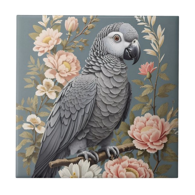 Gorgeous African Grey Parrot With Elegant Florals Ceramic Tile (Front)