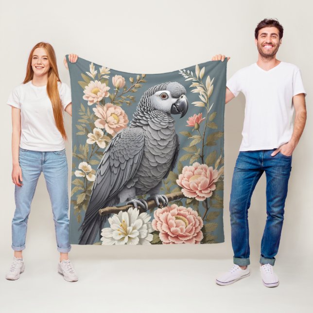Gorgeous African Grey Parrot With Elegant Florals Fleece Blanket (In Situ)