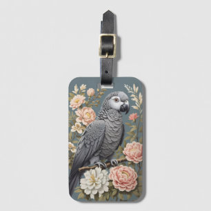 Gorgeous African Grey Parrot With Elegant Florals Luggage Tag