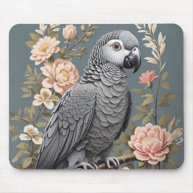 Gorgeous African Grey Parrot With Elegant Florals Mouse Pad (Front)