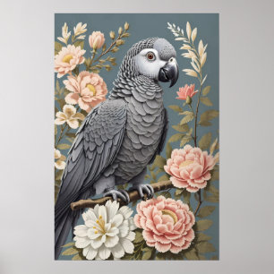 Gorgeous African Grey Parrot With Elegant Florals Poster