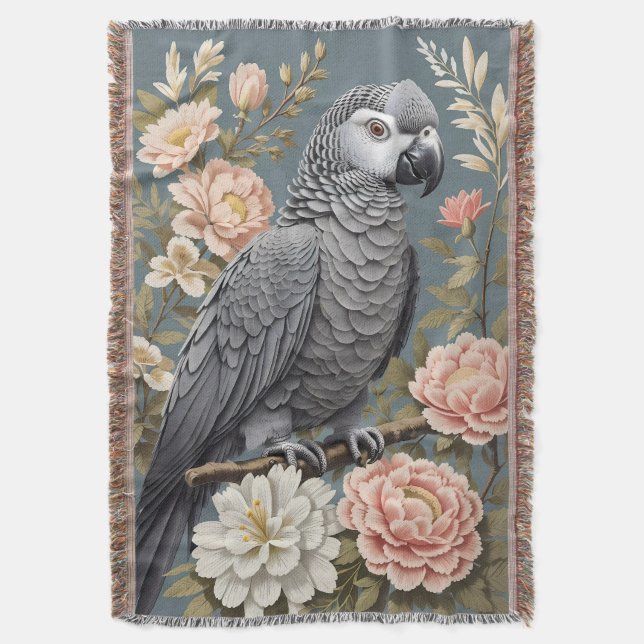 Gorgeous African Grey Parrot With Elegant Florals Throw Blanket (Front Vertical)