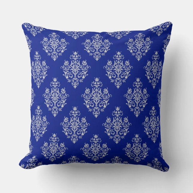 Gorgeous and Stylish Damask Pattern On Cobalt Blue Cushion (Front)