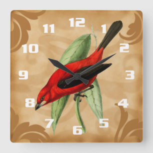 Gorgeous and Unique Vintage Style Red Bird Ornate Square Wall Clock