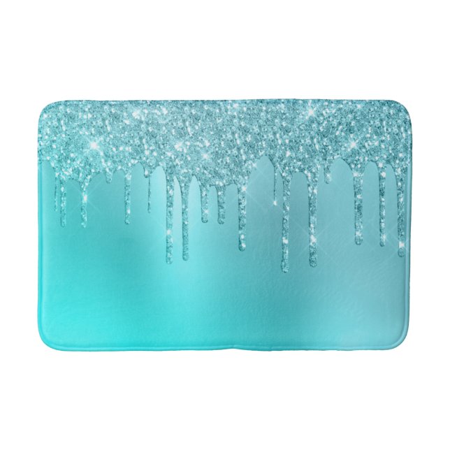 Gorgeous aqua blue mint & turquoise glitter drips bath mat (Front)